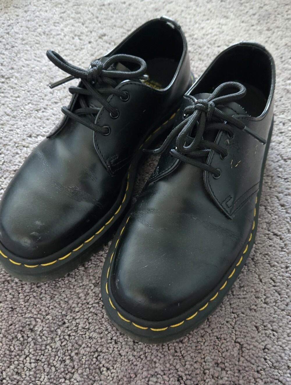 Dr. Martens Black Leather 3-Eye Derby with Yellow Stitching